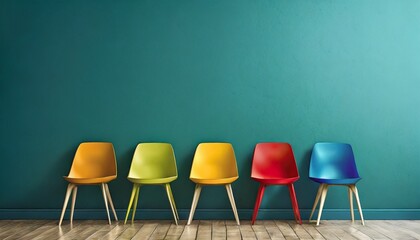 Wall Mural - a row of colorful chairs against a green blue wallbackground with copy space