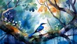 watercolor painted bird on a branch in the forest 