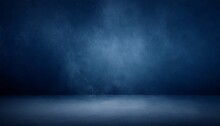 Empty Dark Blue Abstract Cement Wall And Studio Room With Smoke Float Up The Interior Texture For Display Products Wall Background