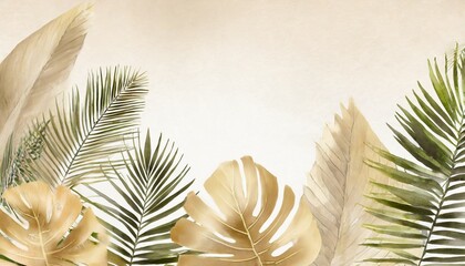 Wall Mural - tropical beige design watercolor exotic leaves arrangement with palm branch