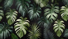 Tropics Art Painted Leaves On A Dark Background Texture Picture Murals In The Interior