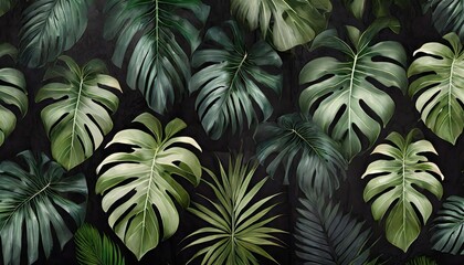 tropics art painted leaves on a dark background texture picture murals in the interior