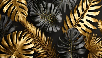 Wall Mural - tropical leaves gold and black dark monstera palm graphic design creative nature background minimal summer abstract jungle forest pattern luxury exotic botanical design cosmetics illustration
