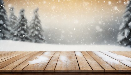 Wall Mural - wooden table with snow texture background for christmas and winter holidays