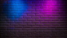 Black Brick Wall Background With Neon Lighting Effect Pink Purple And Blue Glowing Lights On Empty Brick Wall Background