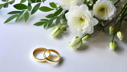 Wall Mural - white flowers and two golden wedding rings on white table