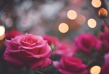 Canvas Print - pink roses in a garden with fest lights around it in the background