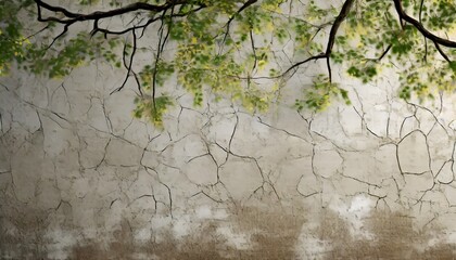 Wall Mural - a cracked wall on which trees are painted from which branches with leaves hang painted on a textured background photo wallpaper