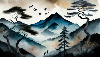 Canvas Print - background painted with watercolors of Japanese nature 