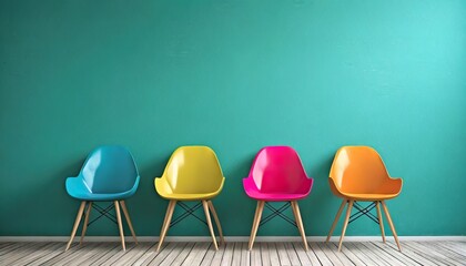 Wall Mural - a row of colorful chairs against a green blue wallbackground with copy space