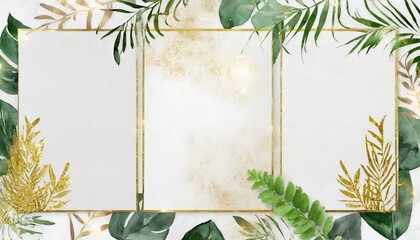 Sticker - ready to use card herbal watercolor invitation design with leaves tropical watercolor background gold botanic illustration template for wedding frame