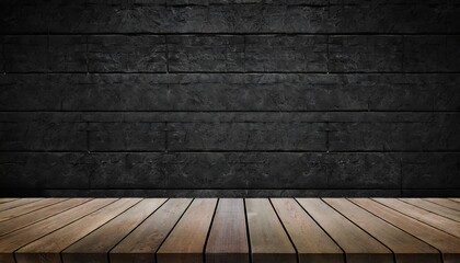Wall Mural - wooden table or counter top with black stone wall background