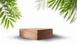 wooden cubic podium on a white background with leaves shadow