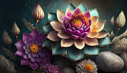 Wall Mural -  illustration of abstract lifelike buddha flowers magic lighting beautiful metallic and stone colors detailed natural lighting natural environment