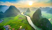 Aerial View Of Dawn On Mountain At Ngoc Con Ward Trung Khanh Town Cao Bang Province Vietnam With River Nature Green Rice Fields Near Ban Gioc Waterfall
