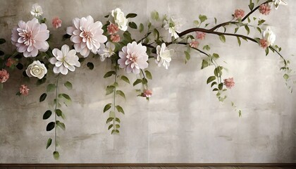 Wall Mural - decorative flowers that hang from branches on a textured wall photo wallpaper in the interior