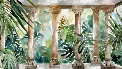 Wall Mural - watercolor tropics with columns on a textured background with leaves with watercolor elements draw photo wallpaper in the interior