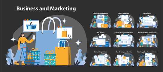 Poster - Business and Marketing night or dark mode set. E-commerce solutions and digital strategies. Engaging online shopping, effective SEO, and web services. Flat vector illustration.