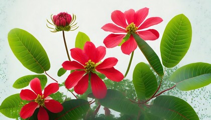 Wall Mural - red flowers of green leaves