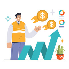 Poster - Increase in Profitability concept. Businessman presenting growth trend with floating coins and upward arrow, indicating financial success and revenue boost. Achieving business goals. Flat vector