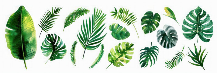 Tropical pattern with green palm leaves in watercolor style.