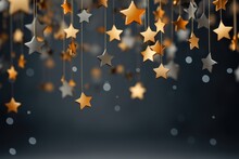  A Bunch Of Gold Stars Hanging From A String On A Dark Background With A Blurry Light Coming From The Top Of One Of The Stars.