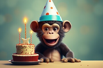  a monkey with a party hat next to a cupcake with a candle on it and a plate with a cupcake on it.