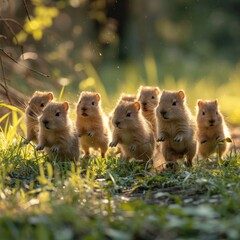 A group of little hamsters running in the grass