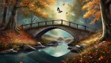 Bridge Over The River In The Autumn Season In The Magical Forest 