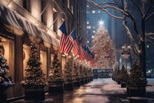  A City Street With A Christmas Tree And American Flags On The Side Of The Street In Front Of A Building.