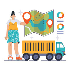 Poster - Efficient logistics concept. A confident woman presents a route map for seamless transportation and delivery processes. Modern supply chain management. Flat vector illustration