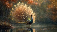 Beautiful Peacock In Tranquil Forest Nature Landscape, Generative Ai