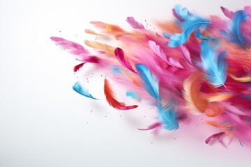  a bunch of colorful feathers flying in the air with water droplets on the bottom of the feathers and on the bottom of the feathers is a white background.