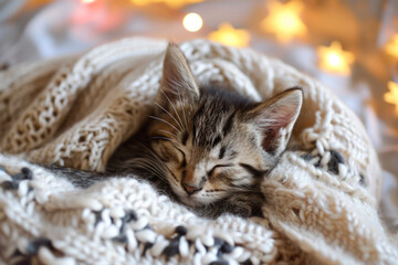 Wall Mural - Cute little tabby kitten sleeping in a knitted blanket with a garland of stars