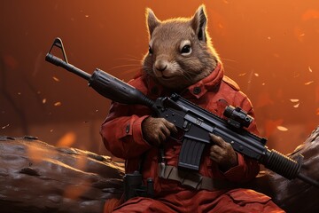 Wall Mural -  a painting of a squirrel with a gun in his hand and a rifle in his other hand, in front of an orange background.