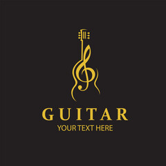 emblem of gold guitar with treble clef isolated on black background