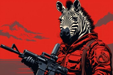  a painting of a zebra wearing a red jacket and holding a machine gun in front of a red sky with mountains in the background.