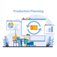 Poster - Production Planning concept. Collaborative process optimization with real-time data analysis. Workflow visualization for operational excellence. Flat vector illustration.
