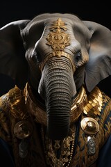 Poster -  a statue of an elephant wearing a gold and blue suit with a crown on top of it's head.