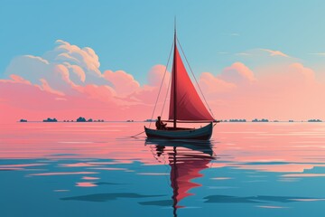 Wall Mural -  a painting of a red sailboat in the middle of a body of water with a pink and blue sky in the background.