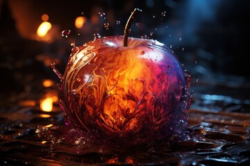 Wall Mural -  a close up of an apple with water splashing out of it's core and a candle in the background.