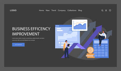 Poster - Business Efficiency Improvement spotlighted dark or night mode web, landing. Professionals analyze a growth chart, with rising trends and coin stack. Higher profits and performance. Flat vector.