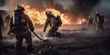 Strong And Brave Firefighters Extinguish A Fire. Generative AI. Dramatic Silhouette Of Firefighter In Full Gear Exploring The Huge Fire Zone. Lifeguards With Fire Hoses In Smoke And Fire. Fire