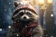  a raccoon wearing a red hat and scarf standing in front of a street light in a snow storm.
