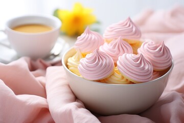  a bowl of pink frosted cupcakes next to a cup of coffee and a pink napkin on a table.