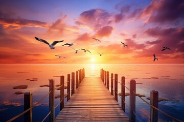  a pier with seagulls flying over the water and the sun setting in the distance with clouds in the sky.
