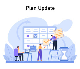 Poster - Team collaboratively updating a monthly schedule, with focus on task prioritization and tracking progress, ensuring efficient project management. Flat vector illustration.