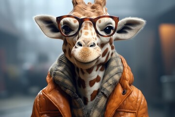 Wall Mural -  a close up of a giraffe wearing glasses and a leather jacket with a scarf around it's neck.