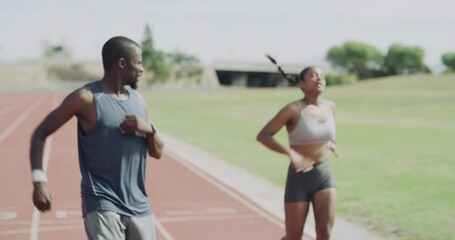 Sticker - Happy people, running and winning race in fitness, sports or marathon together on stadium track. Group of athletes in practice, training or outdoor exercise with winner for sprint or competition