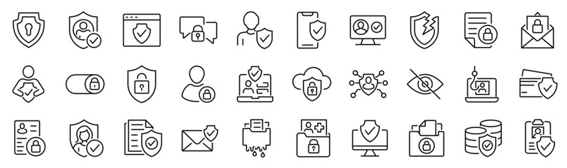 Wall Mural - Set of 30 outline icons related to data privacy. Linear icon collection. Editable stroke. Vector illustration